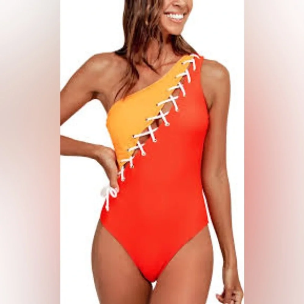 Colorblock One Shoulder Lace Up One Piece Monokini Swimsuit Size L